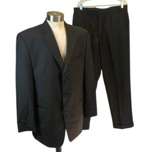 Calvin Klein Mens Black Pinstripe Wool Suit Jacket & Pants Set 44L